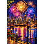 New Year Midnight City Fireworks — finished diamond painting on a white background