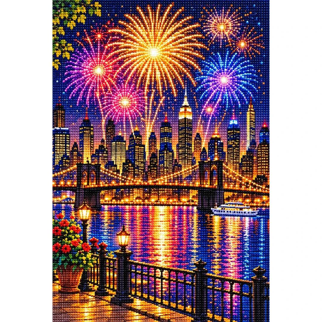 New Year Midnight City Fireworks — finished diamond painting on a white background