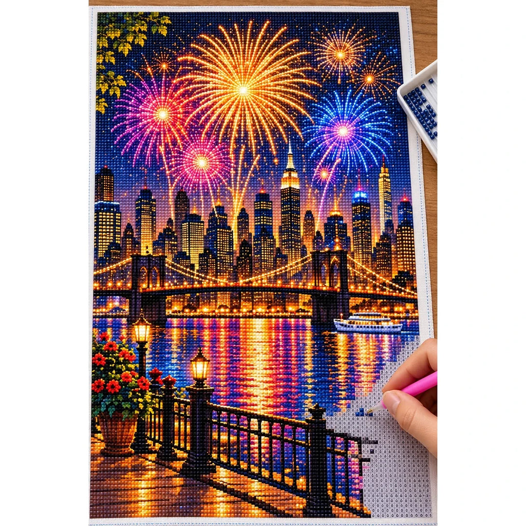 New Year Midnight City Fireworks — diamond painting process with applicator pen
