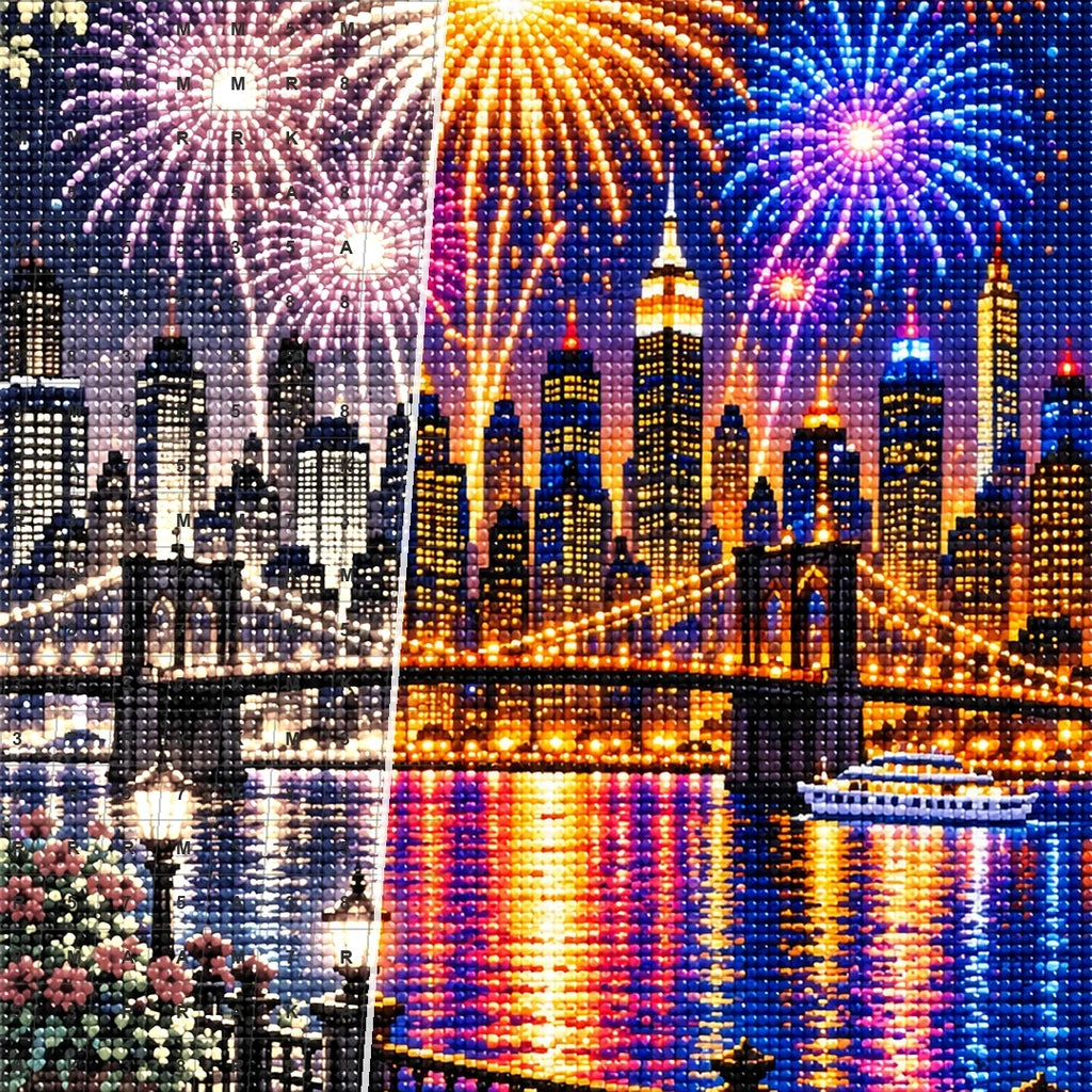 New Year Midnight City Fireworks — close-up canvas and resin drill detail