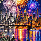 New Year Midnight City Fireworks — close-up canvas and resin drill detail