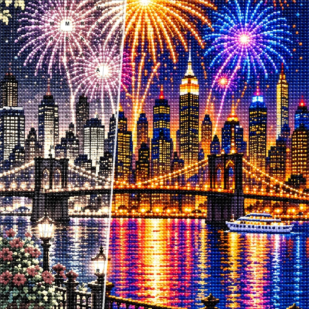 New Year Midnight City Fireworks — close-up canvas and resin drill detail