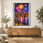 New Year Midnight City Fireworks — finished diamond painting displayed in a home interior