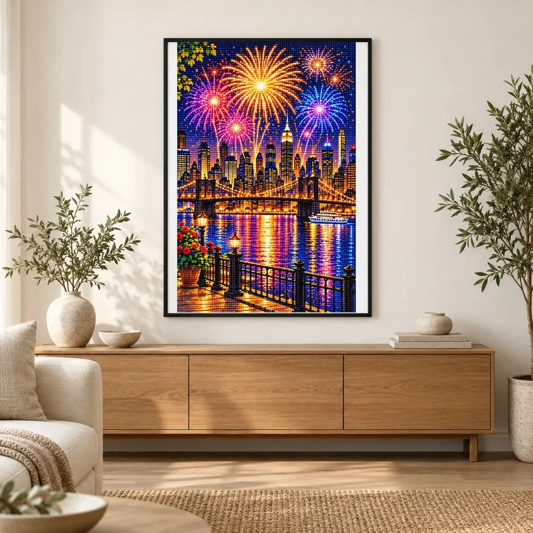 New Year Midnight City Fireworks — finished diamond painting displayed in a home interior
