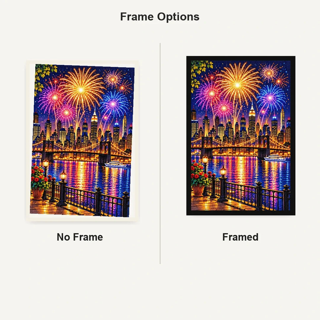 New Year Midnight City Fireworks — No Frame and Framed style comparison