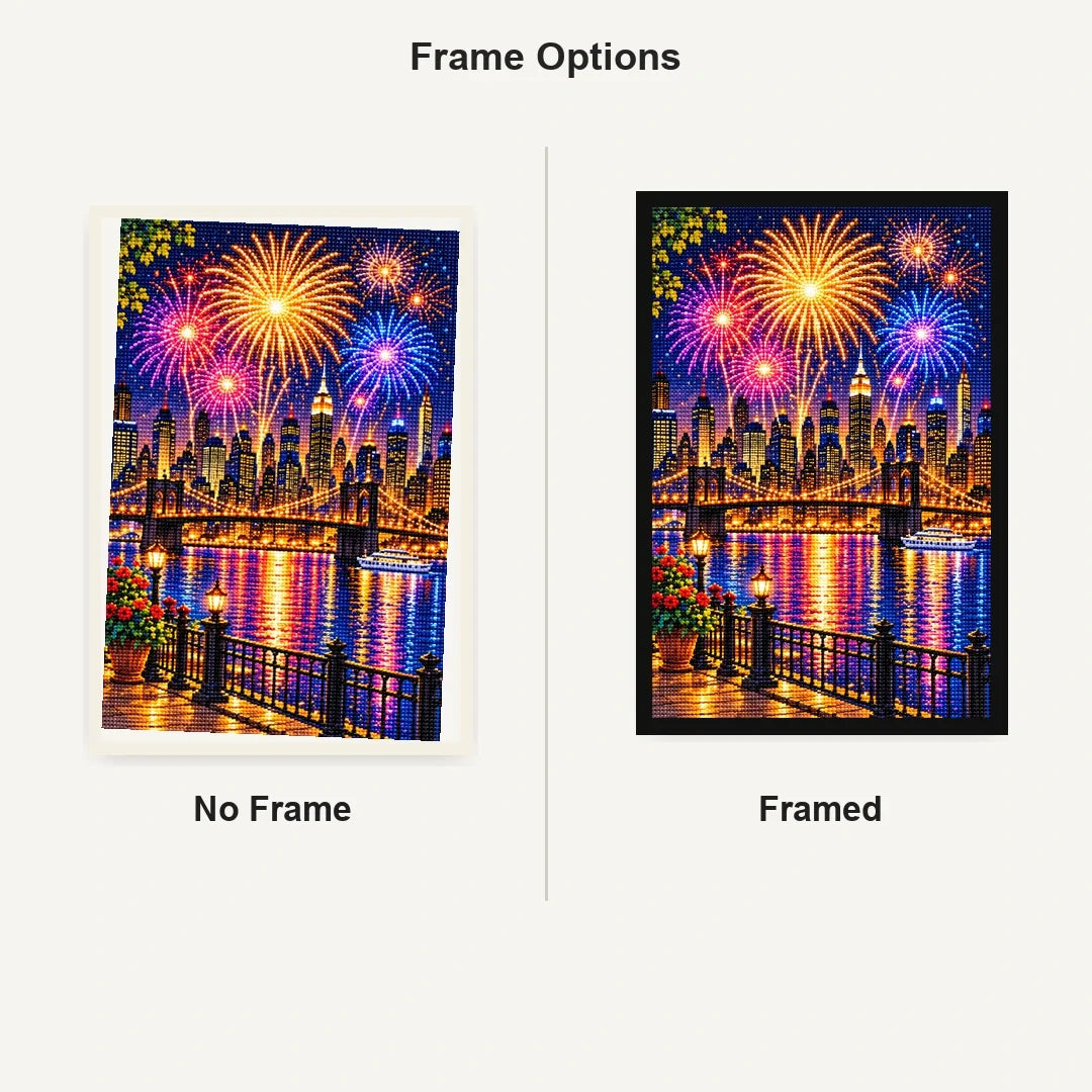 New Year Midnight City Fireworks — No Frame and Framed style comparison