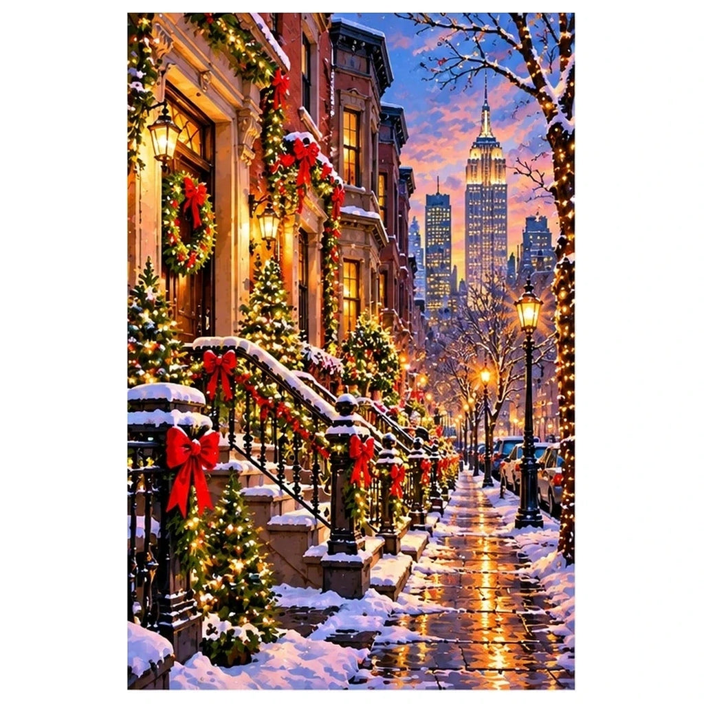 New York Brownstone Christmas original artwork on white