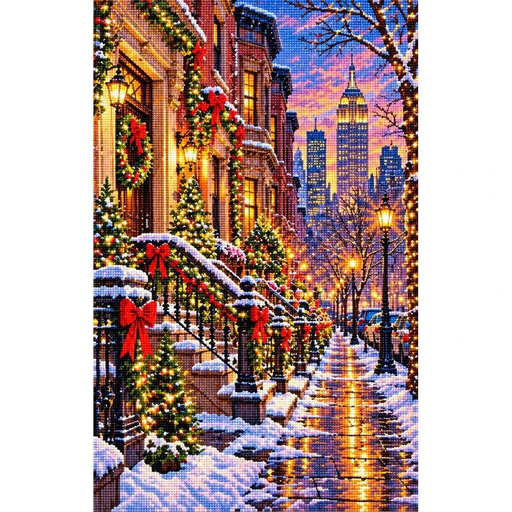 New York Brownstone Christmas finished diamond painting on white