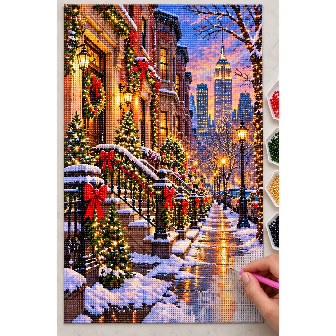 New York Brownstone Christmas diamond painting process