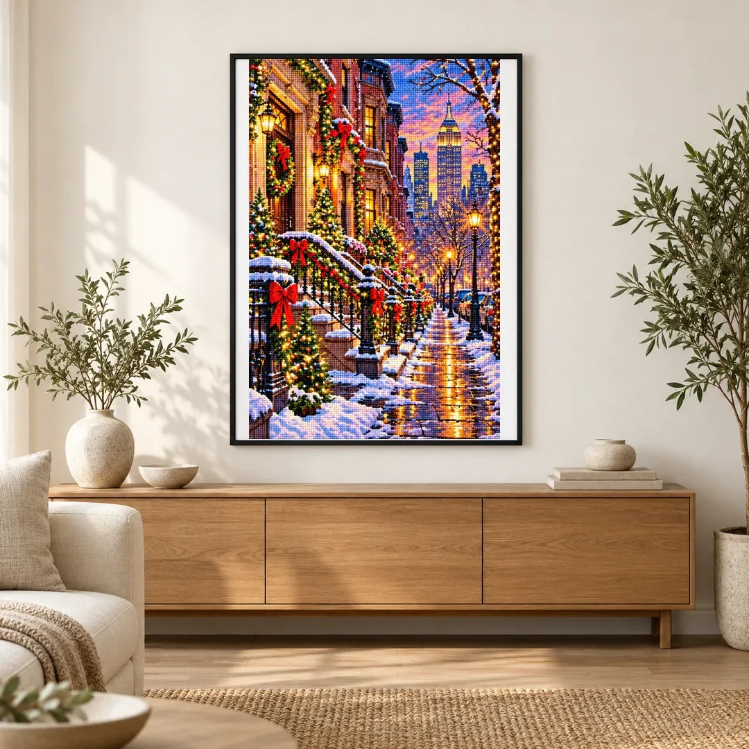 New York Brownstone Christmas finished artwork in home décor