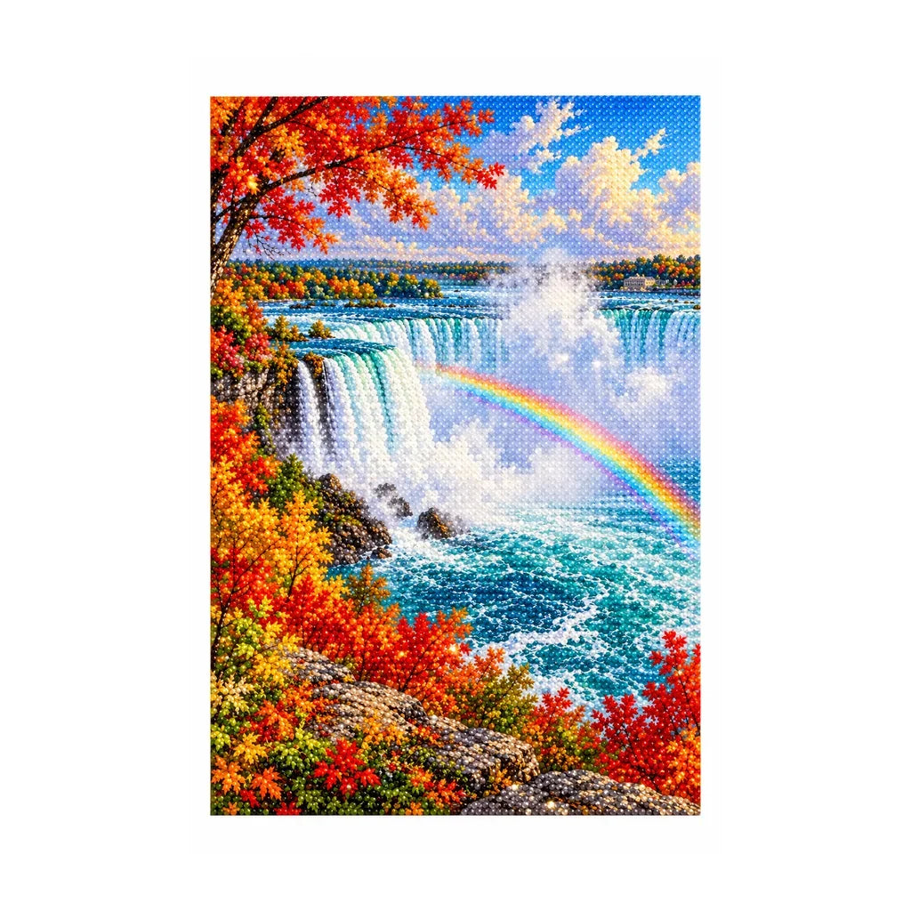 White-background finished diamond painting of Niagara Falls.