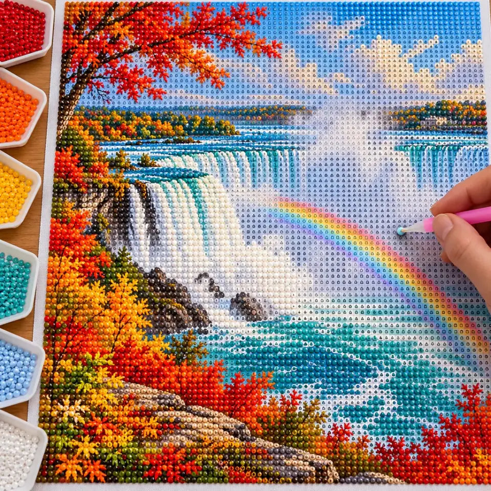Hands placing diamond drills on the Niagara Falls design.