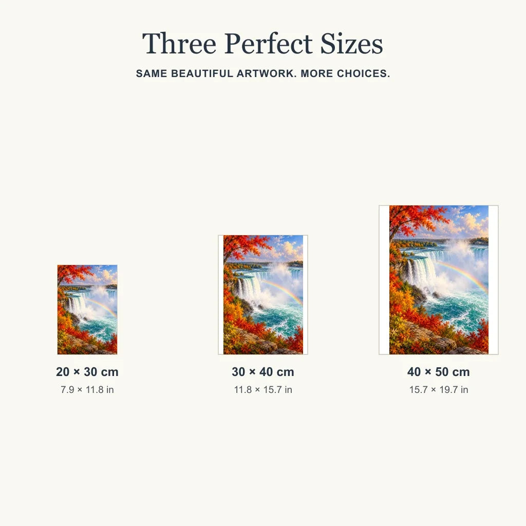 Size guide for Niagara Falls: 20 × 30, 30 × 40, and 40 × 50 cm.