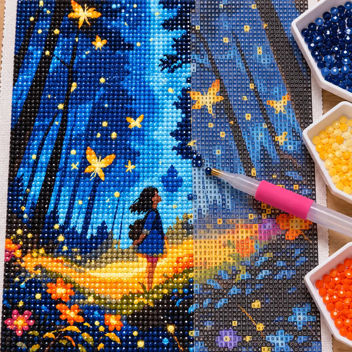 Diamond painting process for Night Flight In Blue Woods Diamond Painting Kit