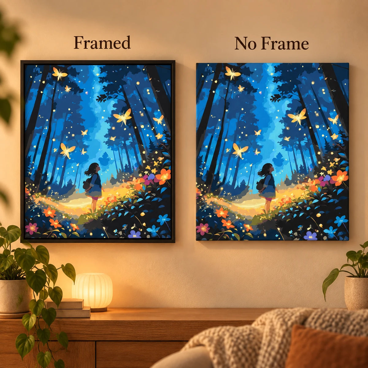 Framed and no-frame comparison for Night Flight In Blue Woods Diamond Painting Kit