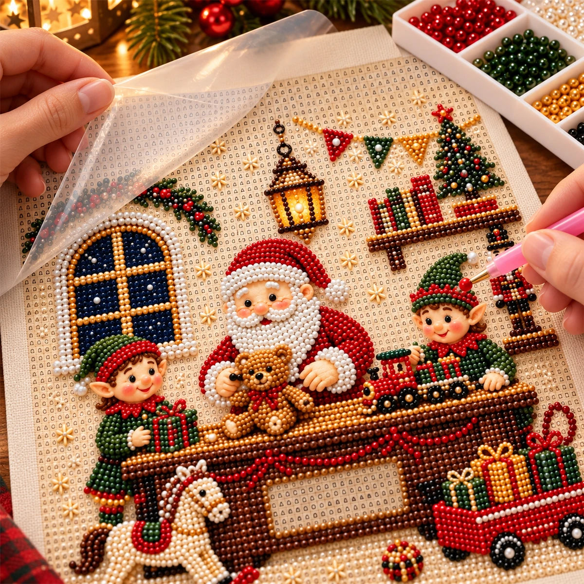 North Pole Workshop Pearl Diamond Painting Kit process image