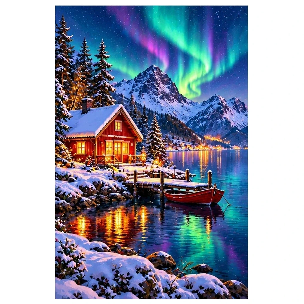 Norway Red Cabin Northern Lights original artwork on white