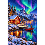 Norway Red Cabin Northern Lights finished diamond painting on white