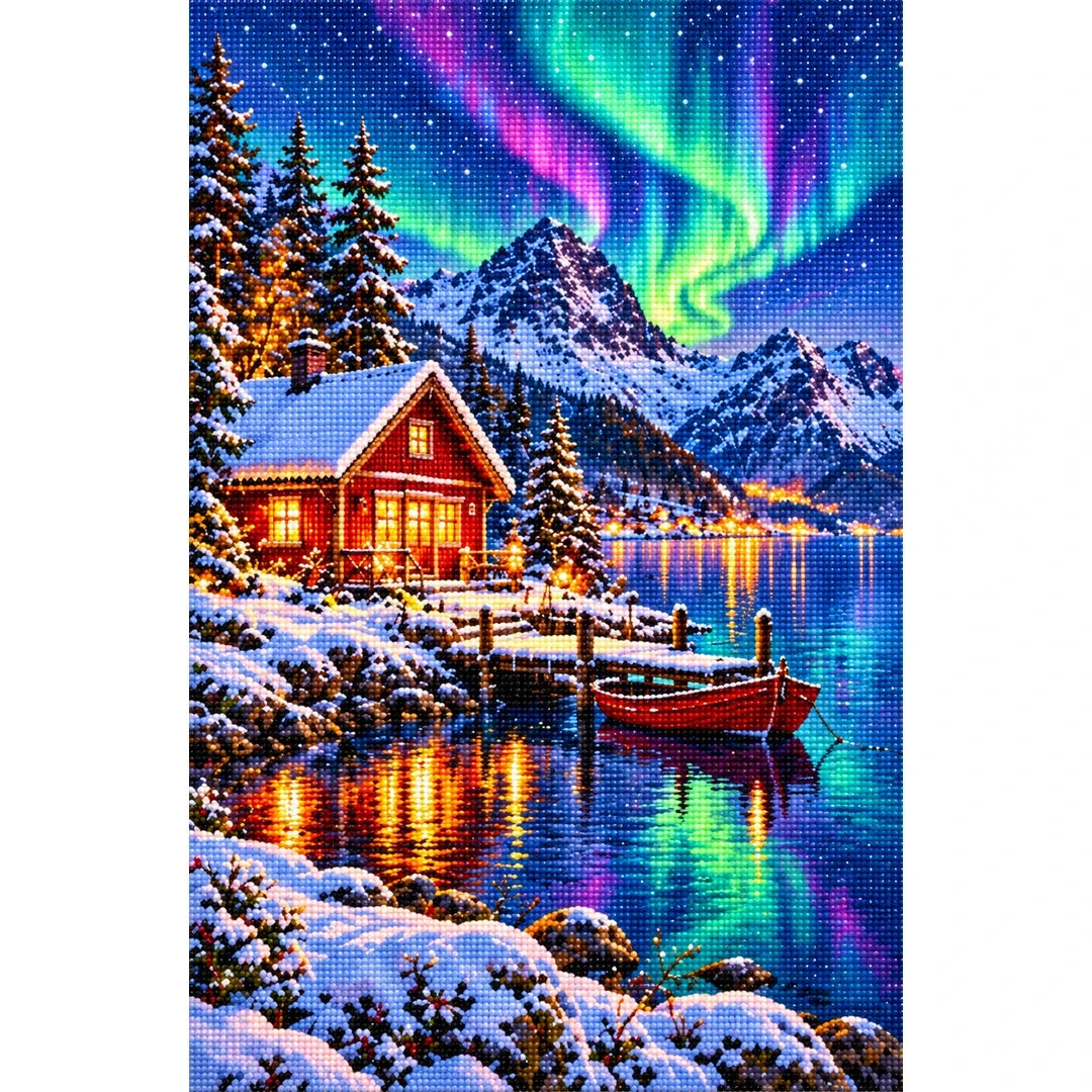 Norway Red Cabin Northern Lights finished diamond painting on white