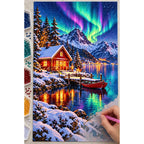 Norway Red Cabin Northern Lights diamond painting process