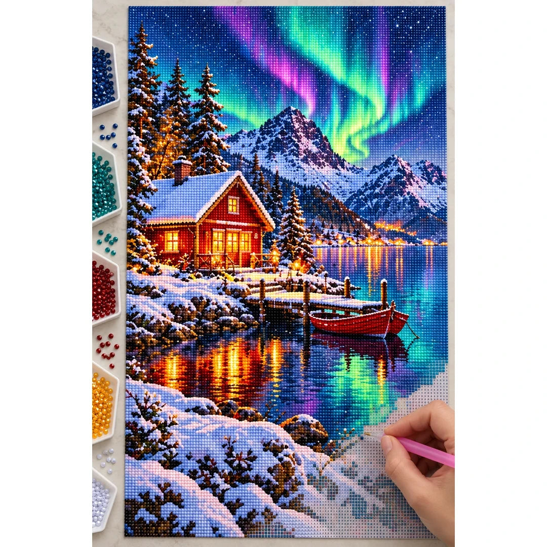 Norway Red Cabin Northern Lights diamond painting process