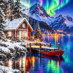 Norway Red Cabin Northern Lights canvas and resin drill detail