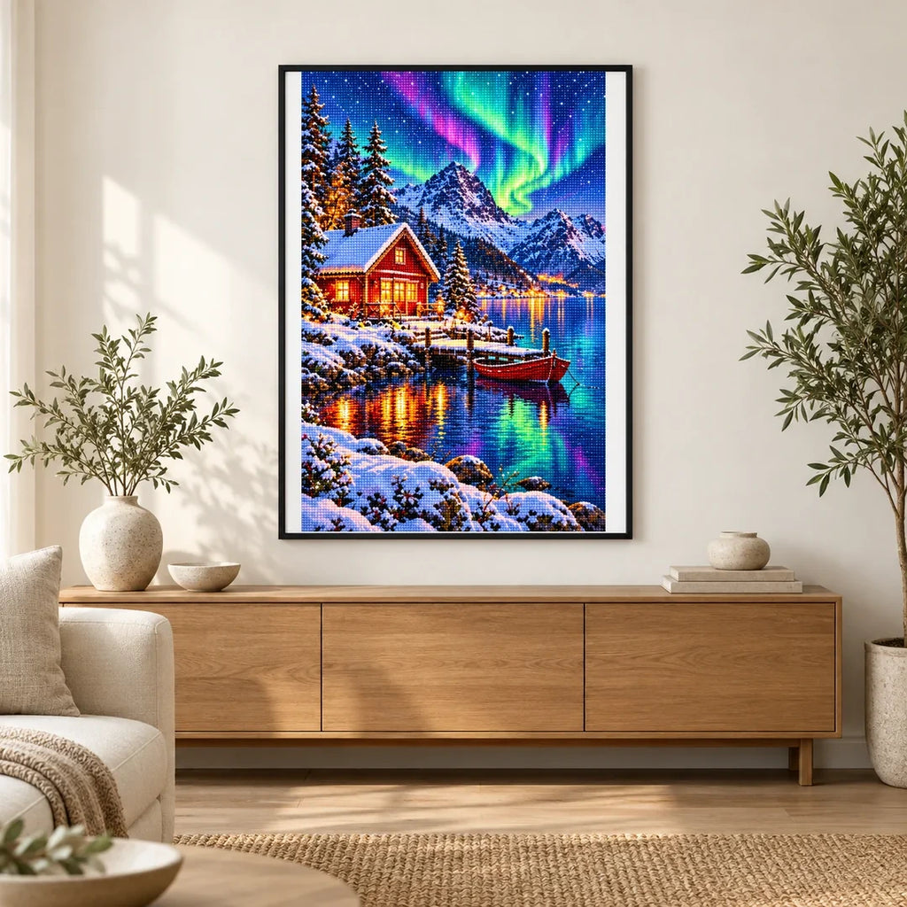 Norway Red Cabin Northern Lights finished artwork in home décor