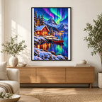 Norway Red Cabin Northern Lights finished artwork in home décor
