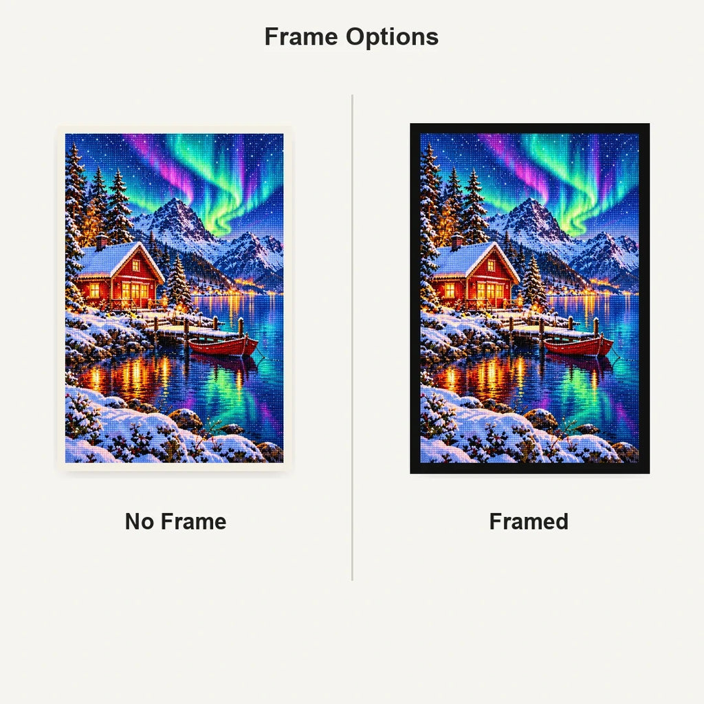 Norway Red Cabin Northern Lights No Frame and Framed comparison