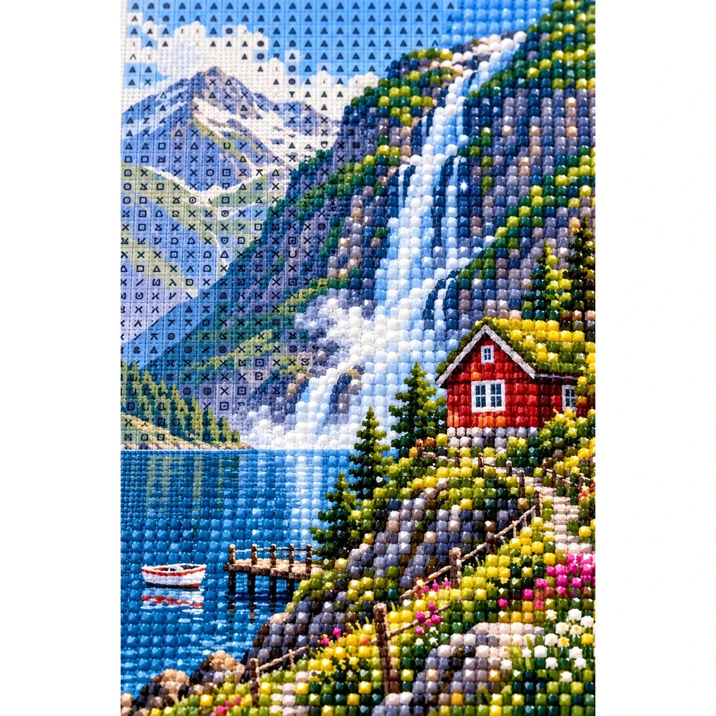 Norwegian Fjord Red Cabin diamond and canvas detail