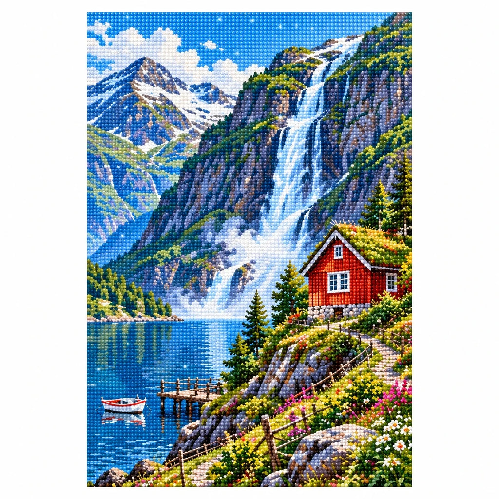 Norwegian Fjord Red Cabin finished diamond artwork on white background
