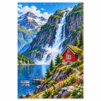 Norwegian Fjord Red Cabin finished diamond artwork on white background