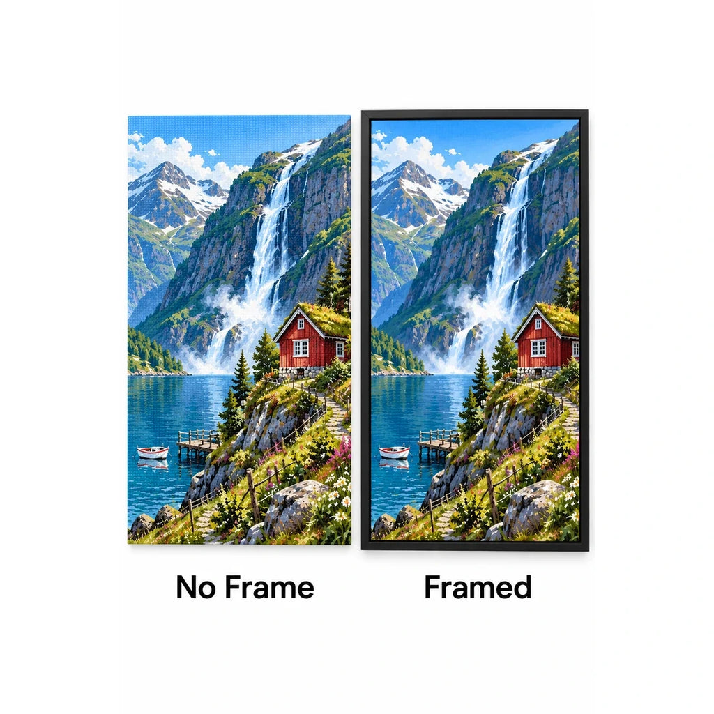 Norwegian Fjord Red Cabin No Frame and Framed comparison