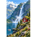 Norwegian Fjord Red Cabin original artwork on white background