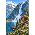 Norwegian Fjord Red Cabin original artwork on white background