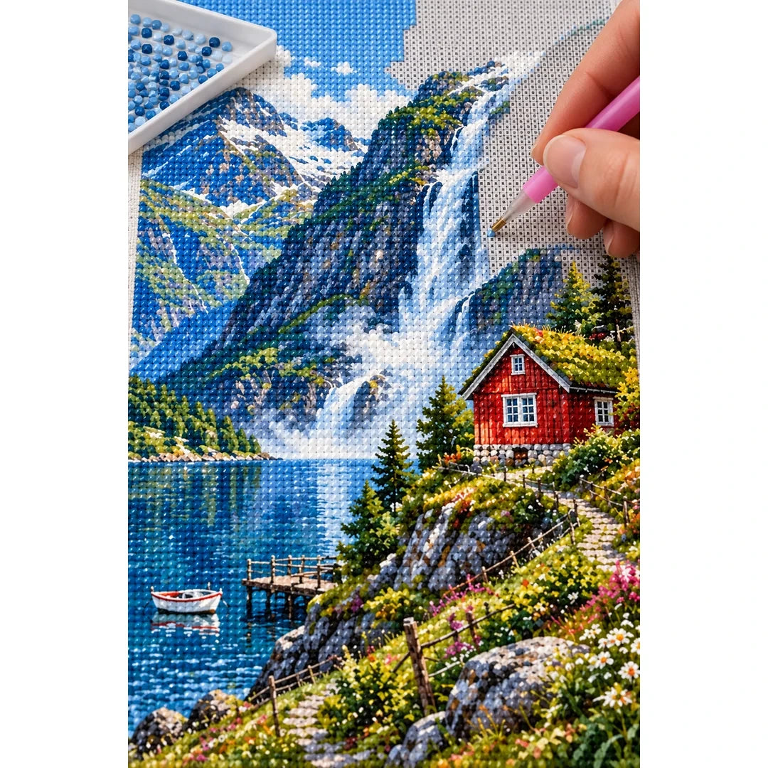 Norwegian Fjord Red Cabin diamond placement process