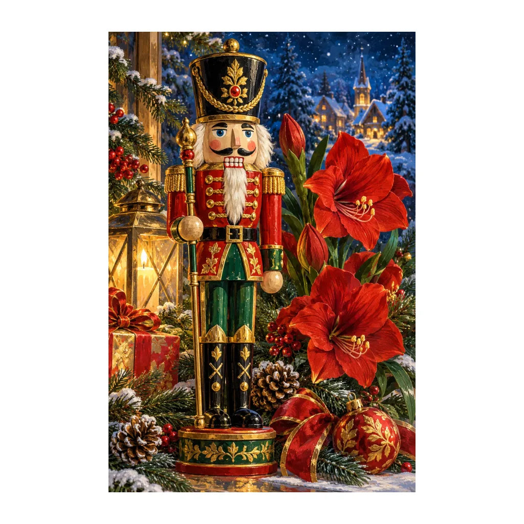White-background original artwork of nutcracker and floral still life