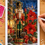 Hands placing drills on the nutcracker and floral still life diamond painting canvas