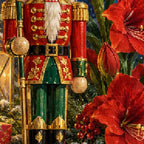 Close-up diamond detail of the nutcracker and floral still life diamond painting