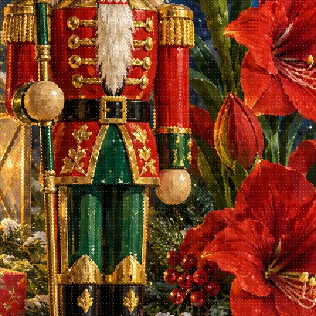 Close-up diamond detail of the nutcracker and floral still life diamond painting