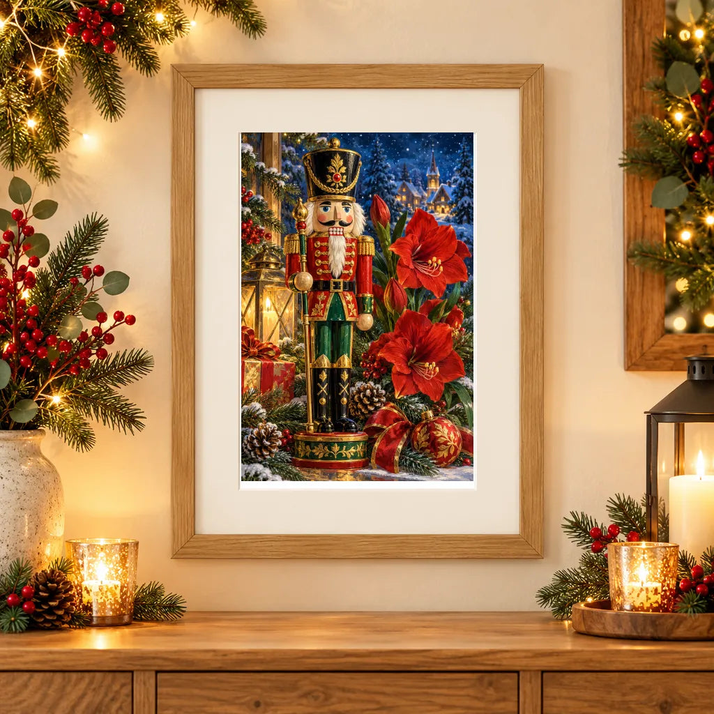 Framed home display of the nutcracker and floral still life diamond painting