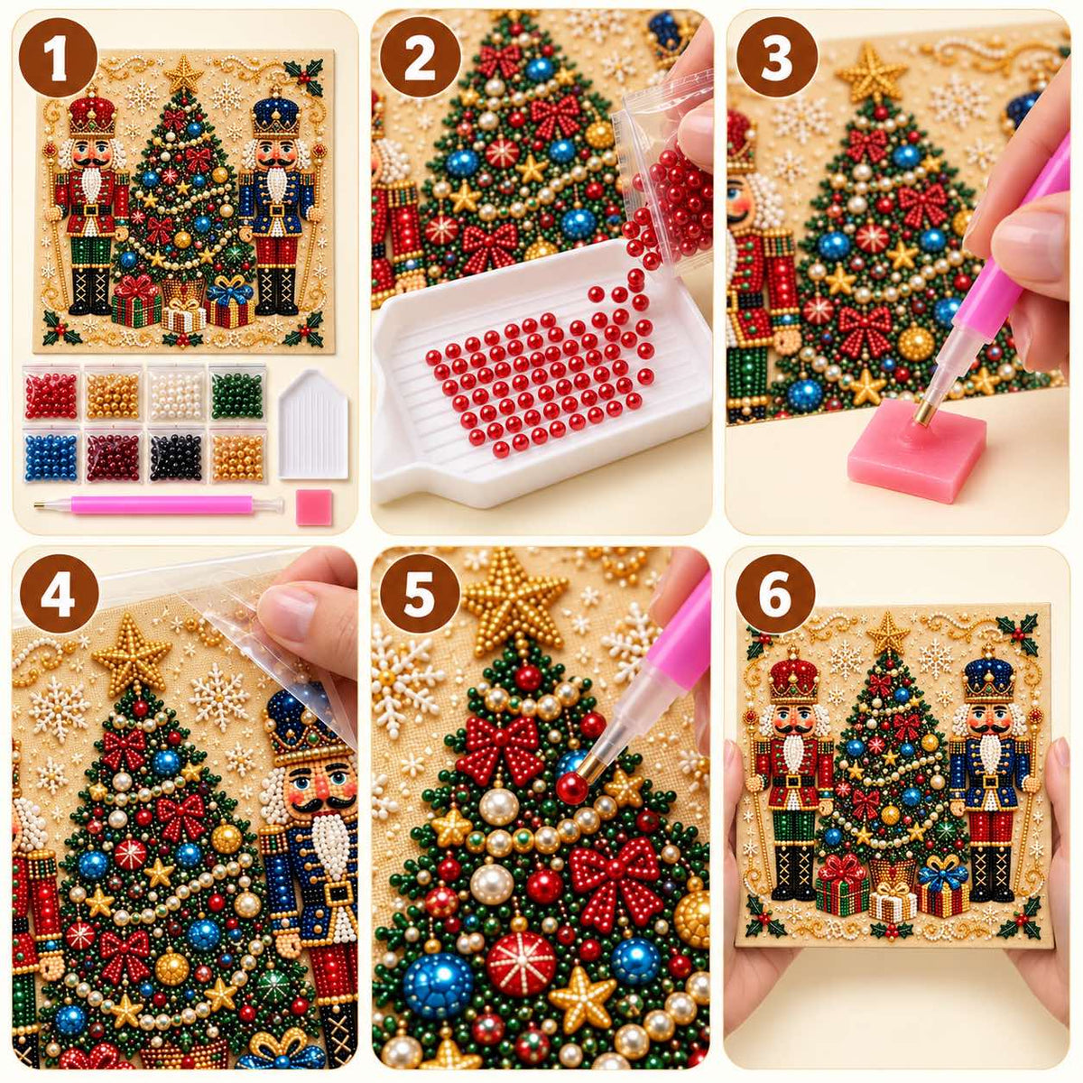 Six-step pearl painting tutorial for the Nutcracker Christmas Tree design.