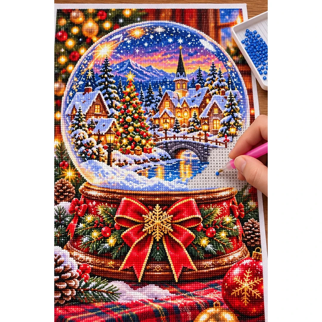 Nutcracker Village Snow Globe — diamond painting process with applicator pen