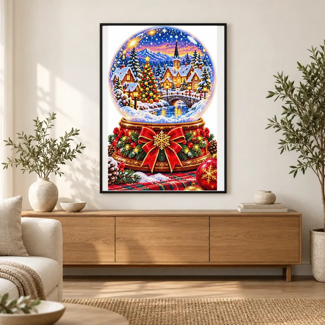 Nutcracker Village Snow Globe — finished diamond painting displayed in a home interior
