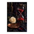 Original illustration of a red-sand hourglass beside an ivory rose among dark ornate objects, on a white background