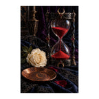 Original illustration of a red-sand hourglass beside an ivory rose among dark ornate objects, on a white background