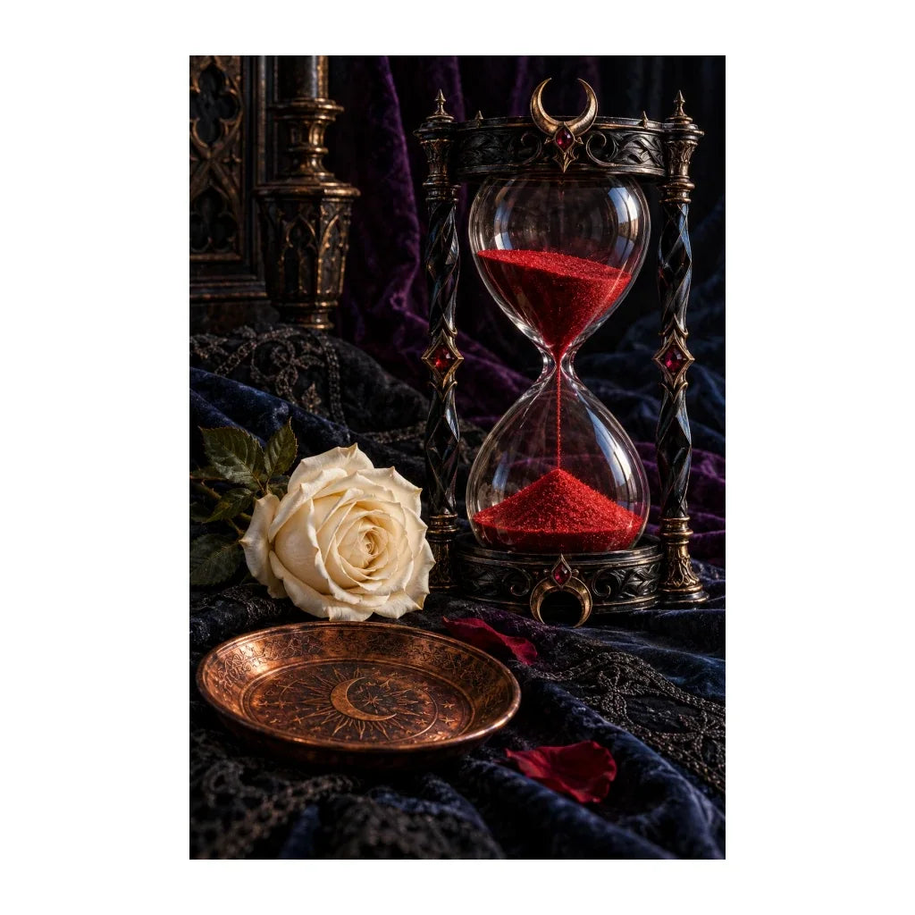 Original illustration of a red-sand hourglass beside an ivory rose among dark ornate objects, on a white background