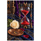 Finished diamond painting of an obsidian hourglass with red sand and an ivory rose