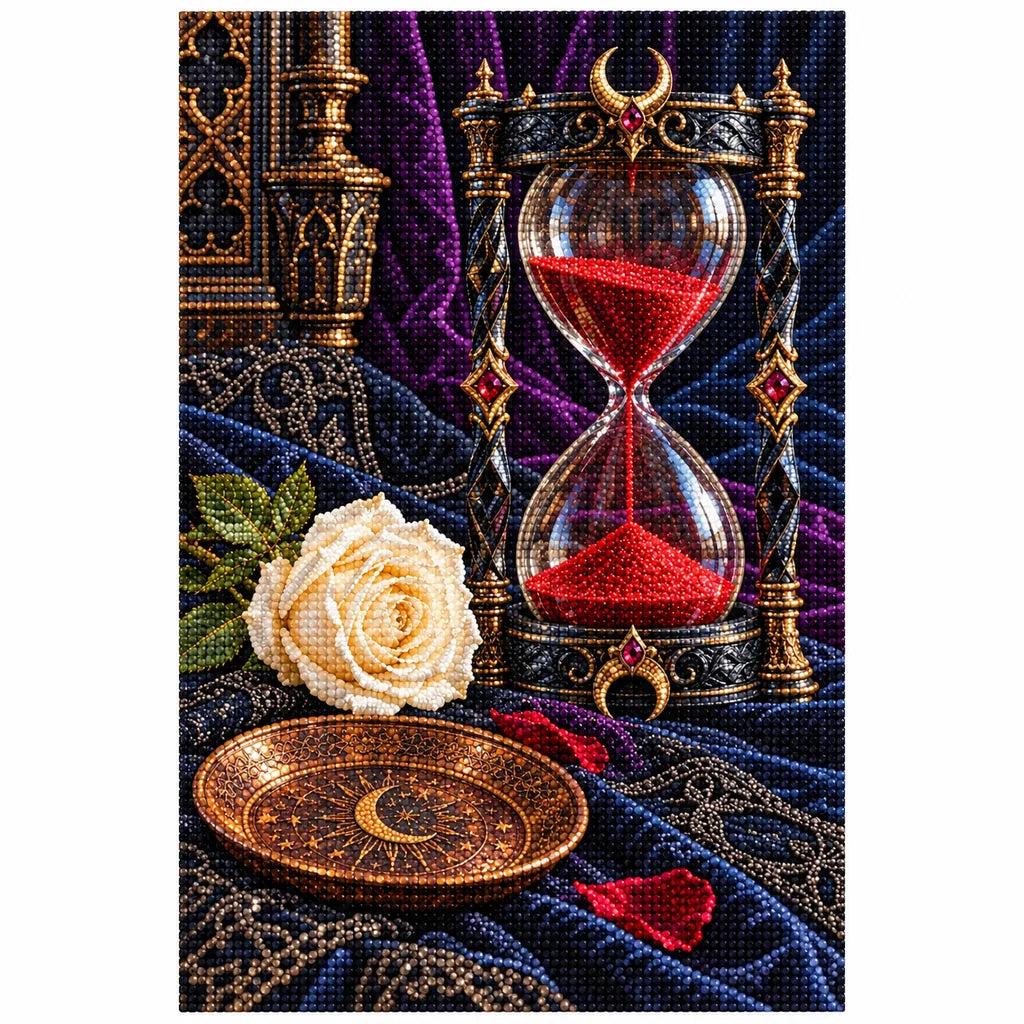 Finished diamond painting of an obsidian hourglass with red sand and an ivory rose