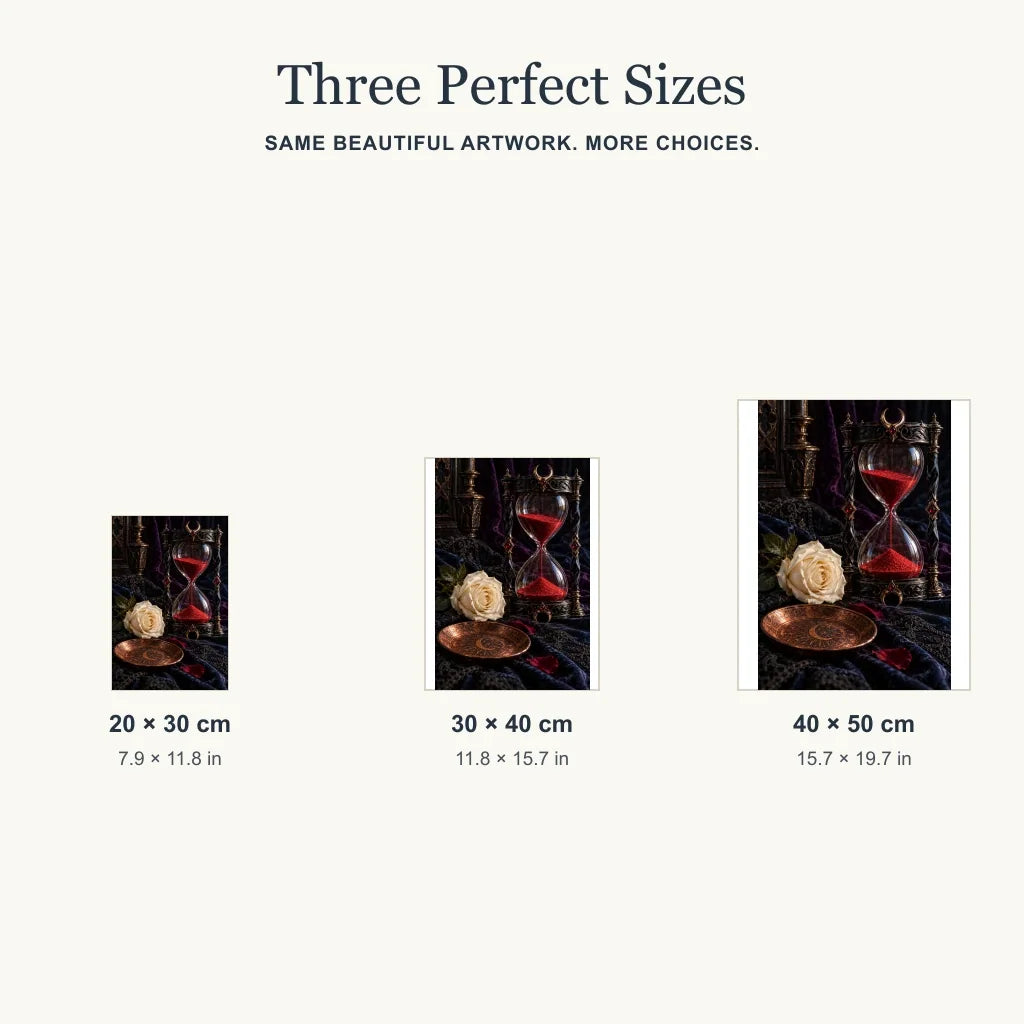 Portrait size guide for the obsidian hourglass and ivory rose design: 20 × 30, 30 × 40, and 40 × 50 cm